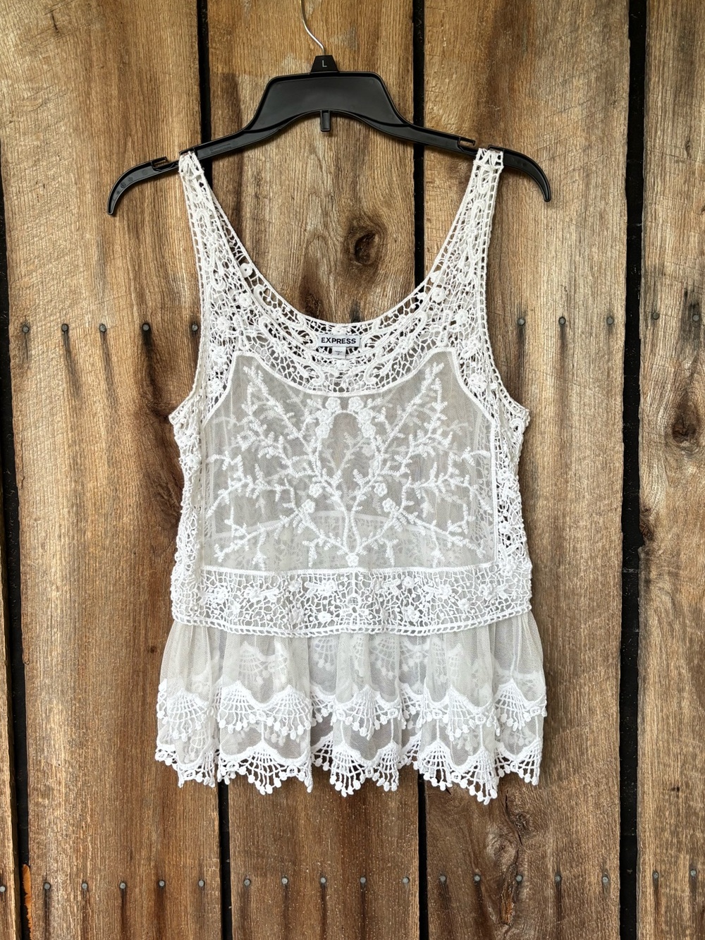 Express White Lace Crochet Embroidered Boho Tank Top Peplum Hem Size Small